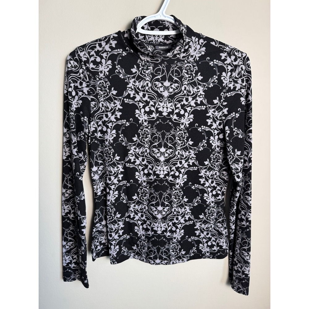 Mexx Damask Mock Neck Long Sleeve Top Womens Medium Black Gray Goth Baroque